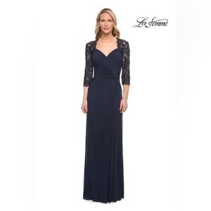 La Femme 23244 Navy Ruched Twist Lace Sleeve Column Gown Size 4 NWT Mother Bride